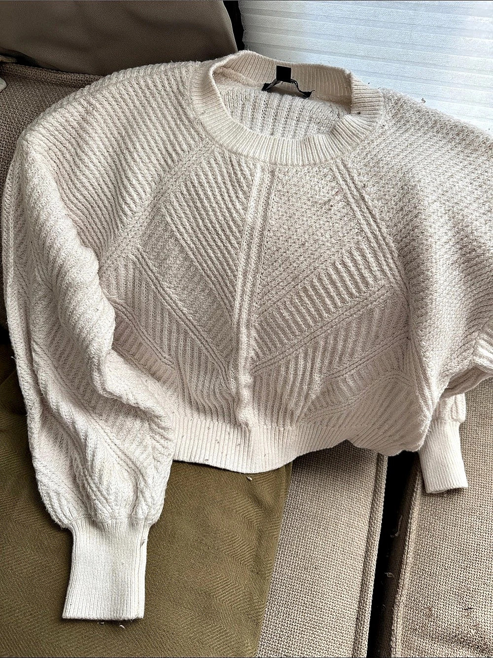 Express Textured Pointelle Balloon Sleeve Sweater White Small